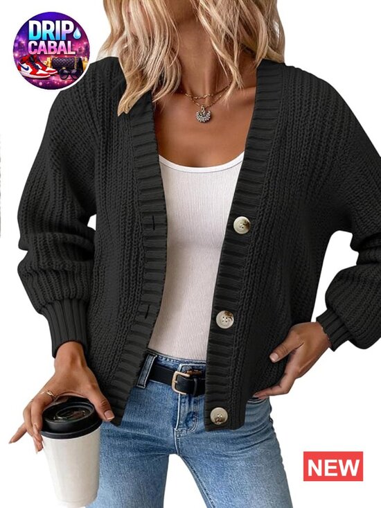 Sweaters - Chunky Waffle Knit Oversized Cardigan - Button Down V-Neck Casual Layering
